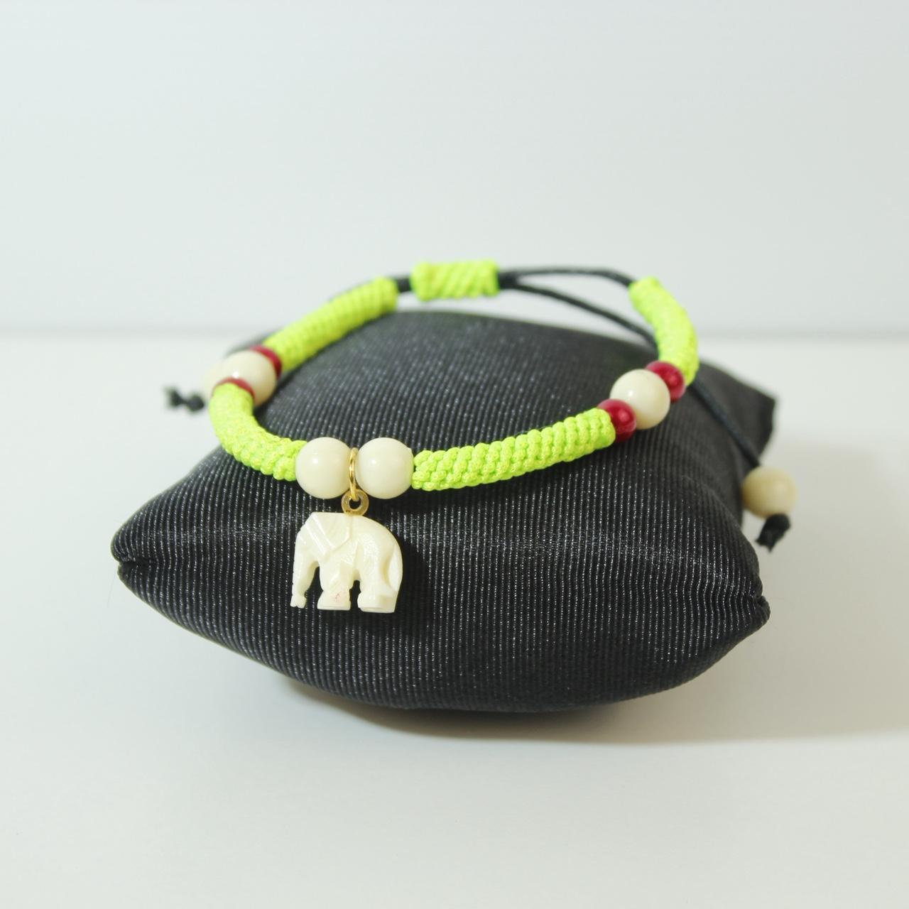 Neon Yellow Woven Cord Elephant Charm Bracelet Adjustable Beaded Boho Tribal