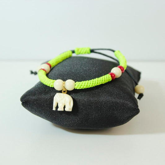 Neon Yellow Woven Cord Elephant Charm Bracelet Adjustable Beaded Boho Tribal