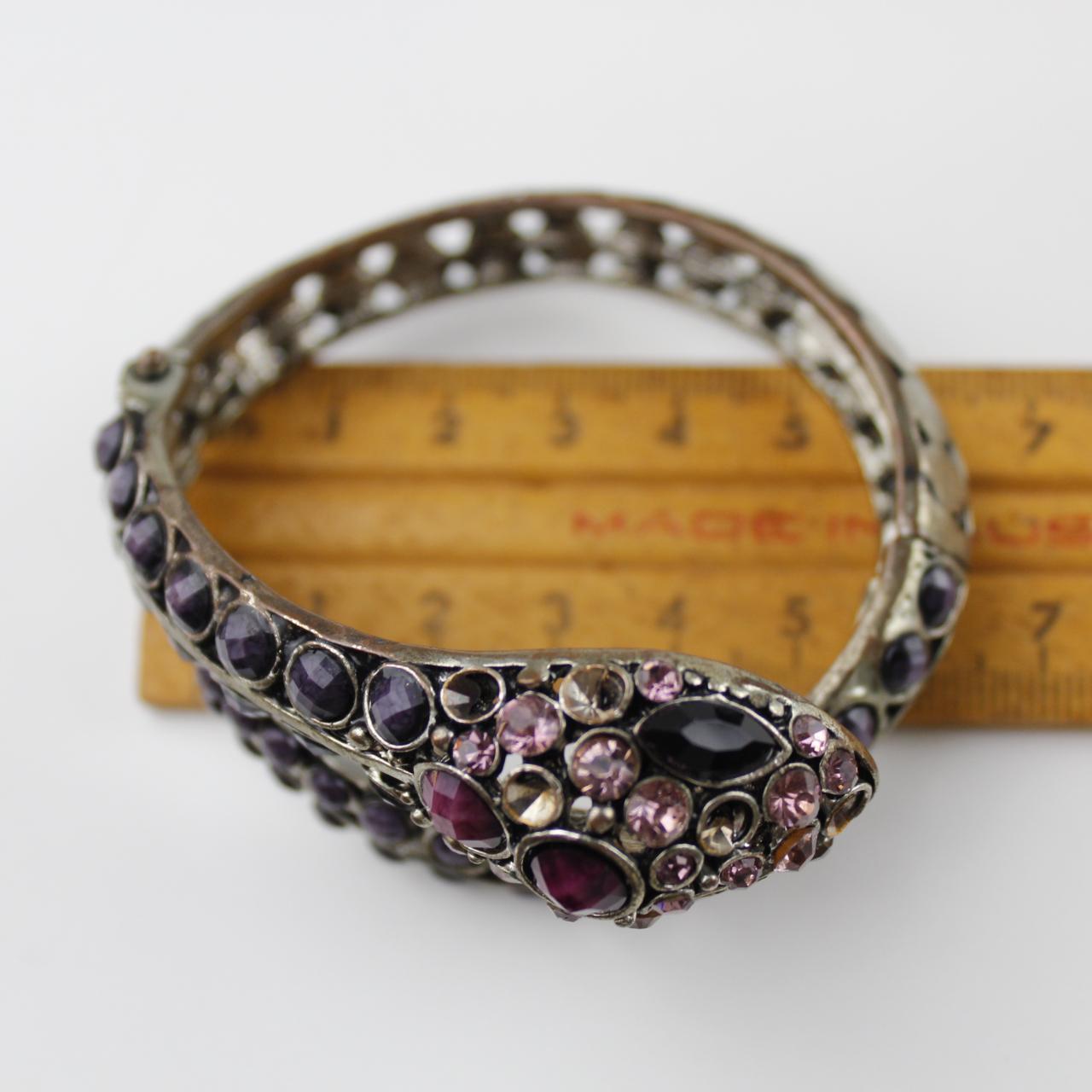 Silver Tone Coiled Snake Bracelet - Purple & Pink Stones - W