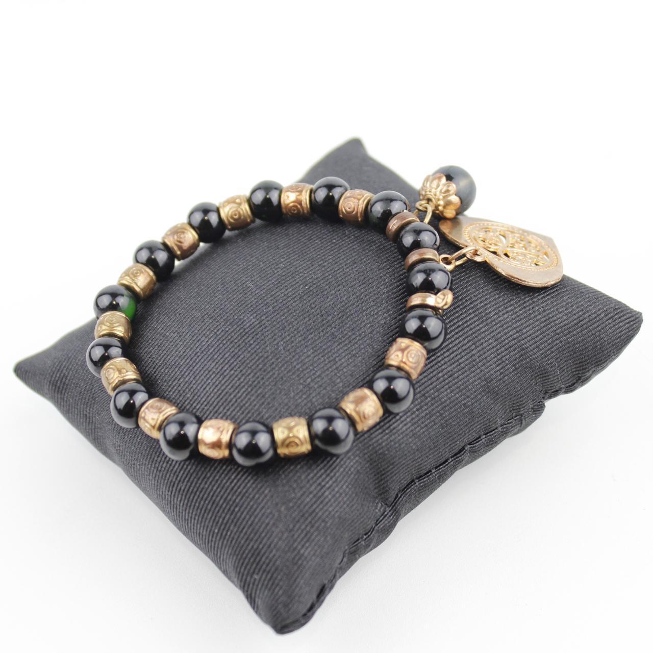 BlackBead Bracelet Gold Tone Spacer Heart Charm Jewelry Fash