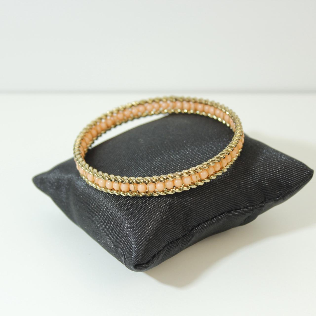 Gold Tone Triple Row Bangle Bracelet Beaded Center Rope Edge Detail