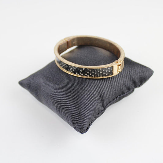 Gold-Tone Bangle Bracelet with Black Inlay - Textured Design