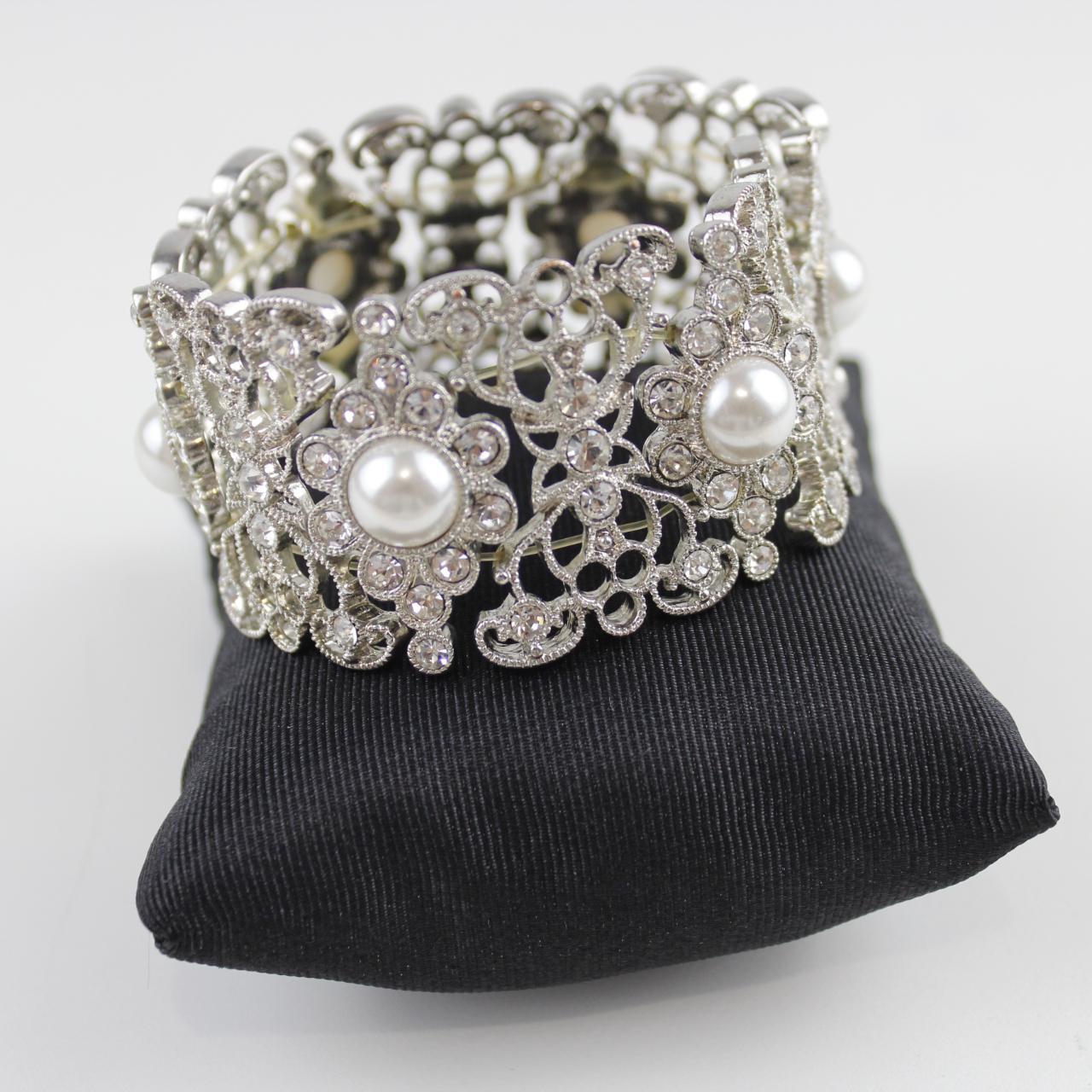 Stretch Bracelet Faux Pearls & Clear Stones Silver Tone Wide