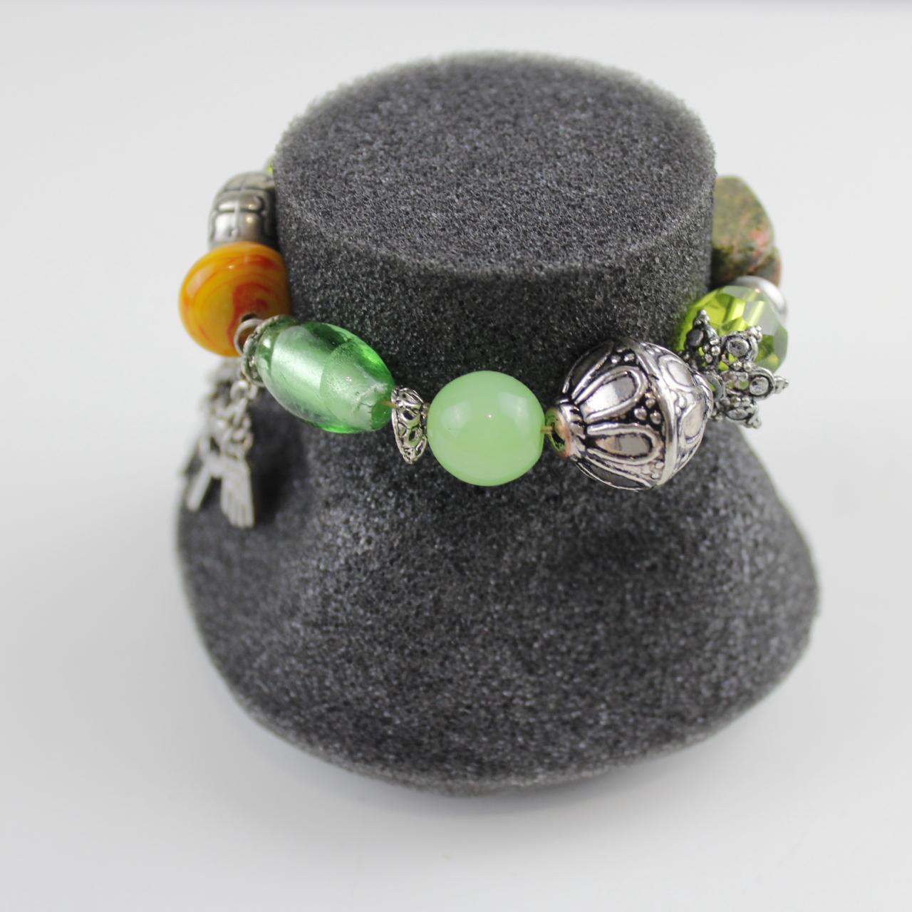 Vintage Boho Multi-Strand Charm Bracelet Green Yellow Beaded