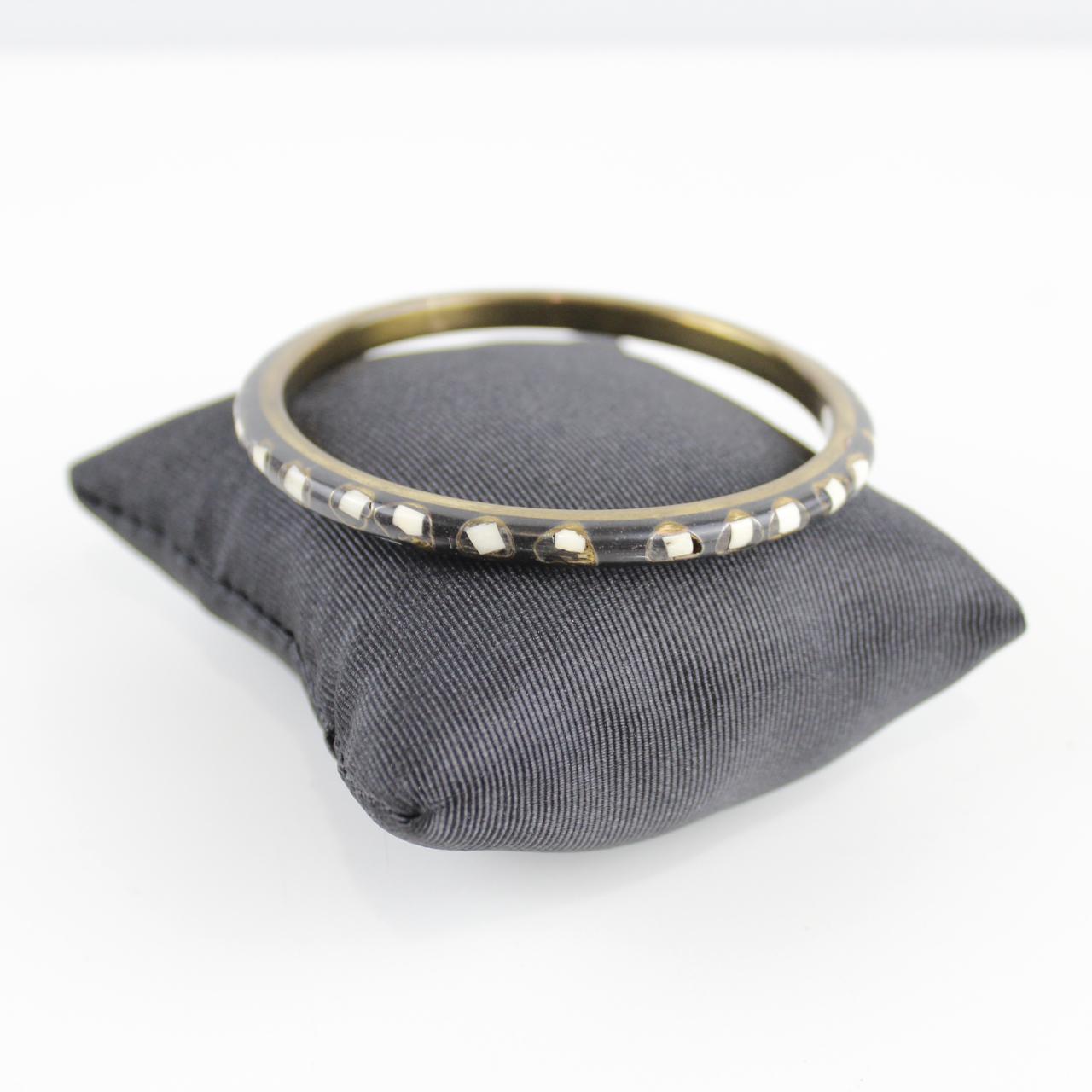 Brass Bangle Bracelet with White Dot Inlay - Unique Design -