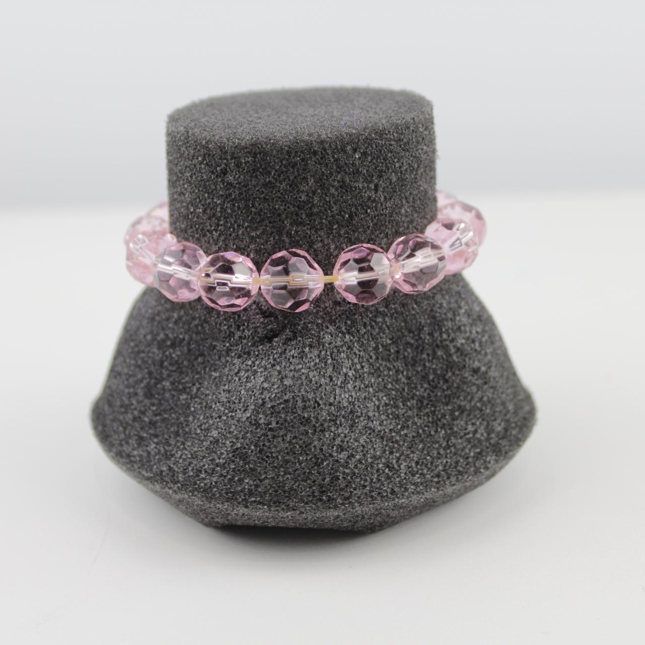 Pink Faceted Glass Bead Stretch Bracelet Rhinestone Accent V