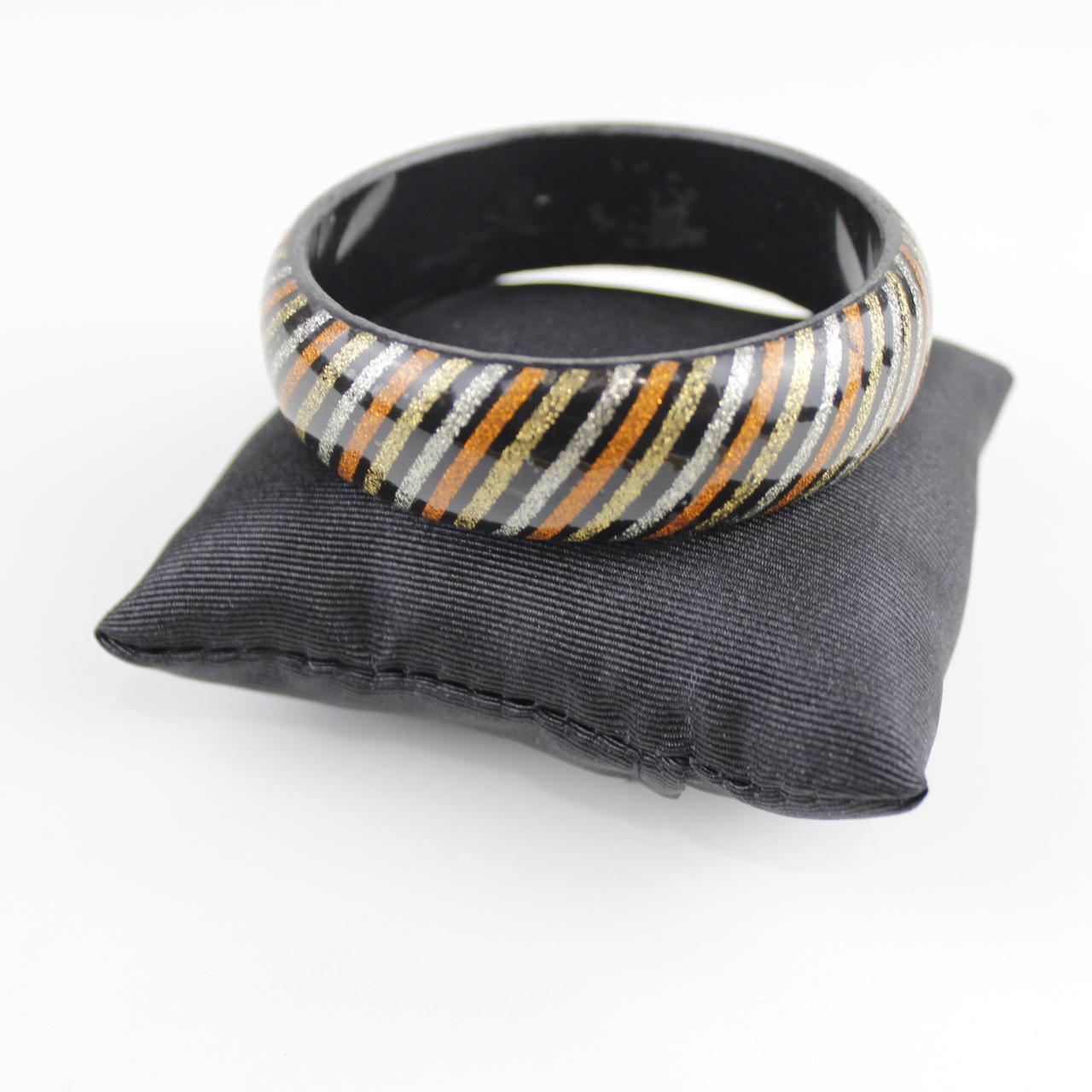Black Chunky Bangle Bracelet with Glitter Stripes - Colorful