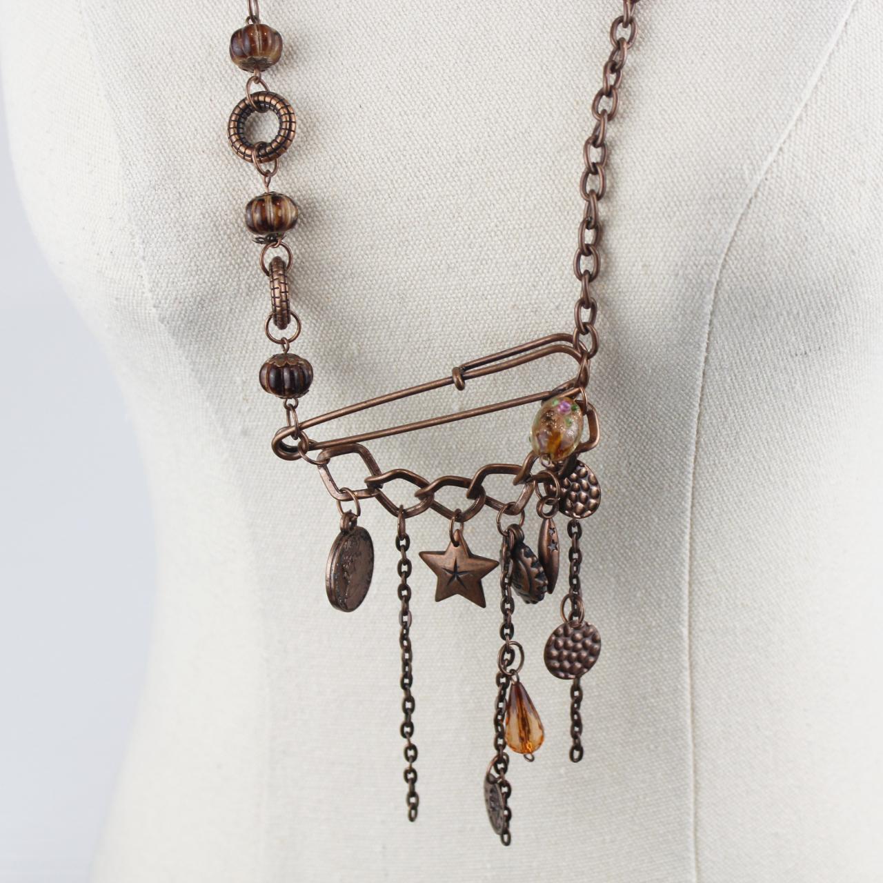 Bohemian Handmade Necklace Copper Chain Pin Charms Star Meda