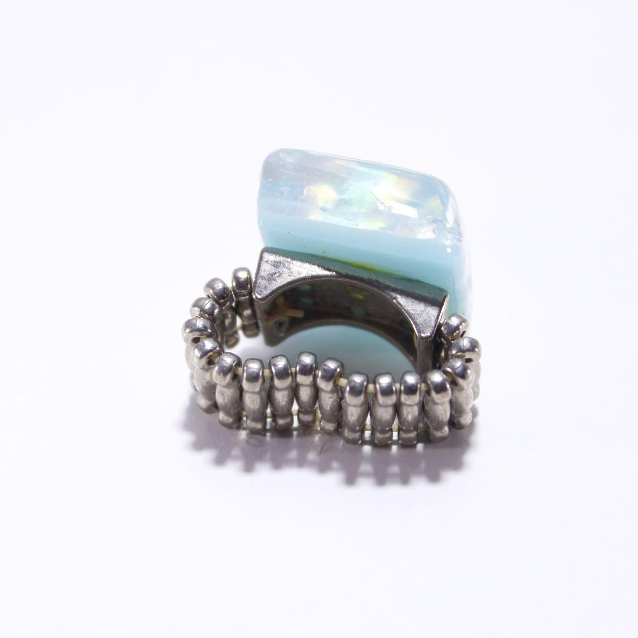Chunky Square Opalite Stretch Ring Accordion Band Blue White
