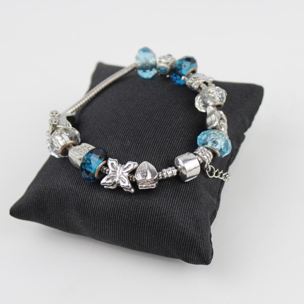 Silver Charm Bracelet Blue Crystal Beads Adjustable Dangle J