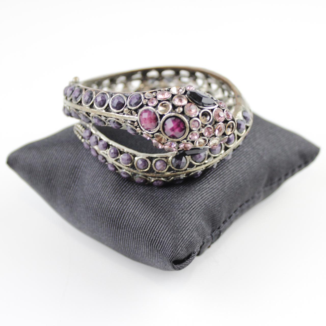 Silver Tone Coiled Snake Bracelet - Purple & Pink Stones - W
