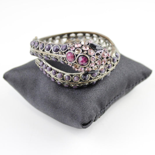 Silver Tone Coiled Snake Bracelet - Purple & Pink Stones - W
