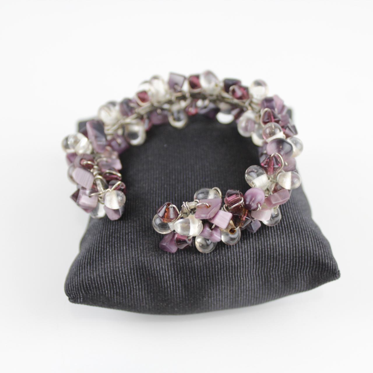 Purple and Clear Glass Bead Bracelet - Silver Wire Wrapped -