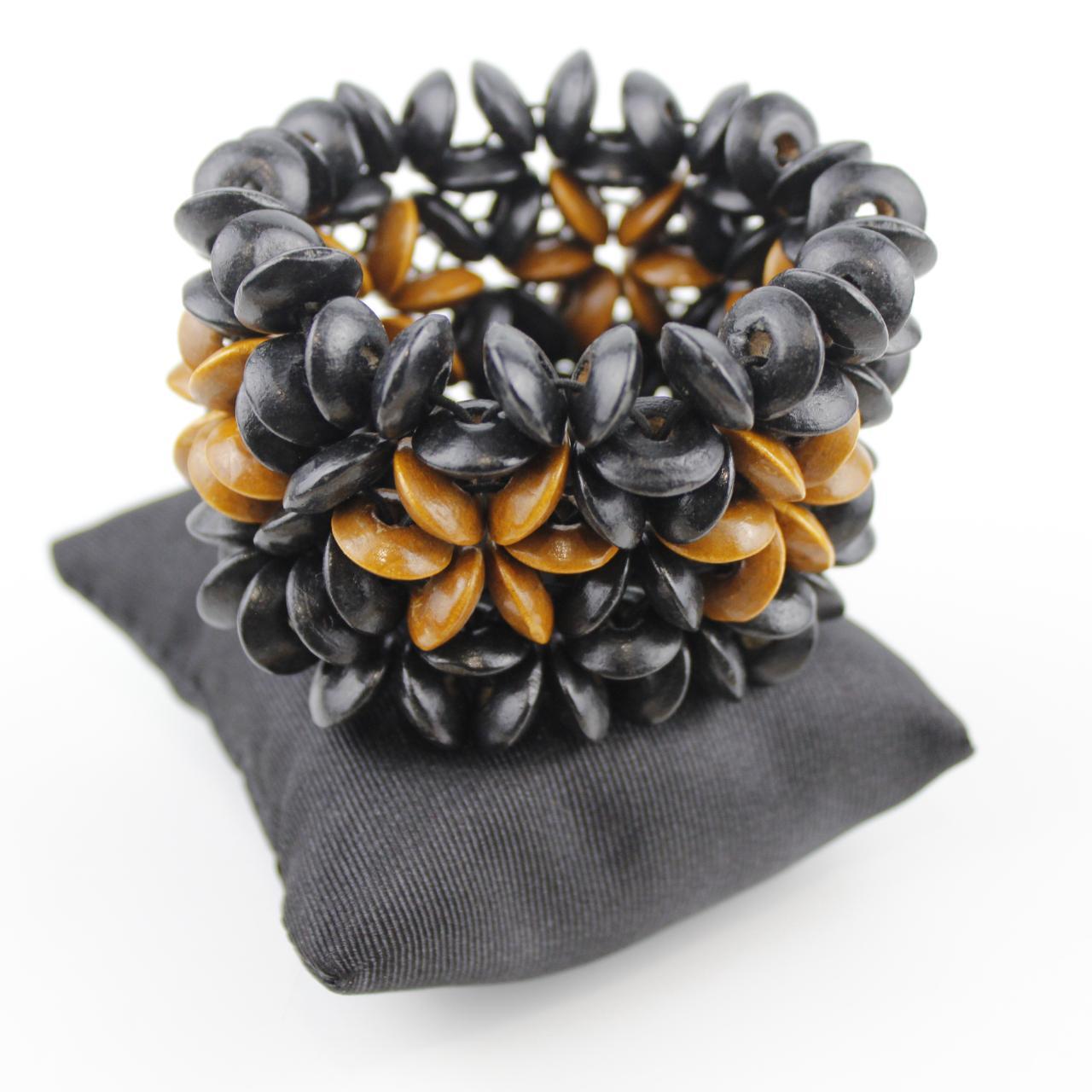 Black Mustard Yellow Bead Bracelet Stretch Textured Jewelry