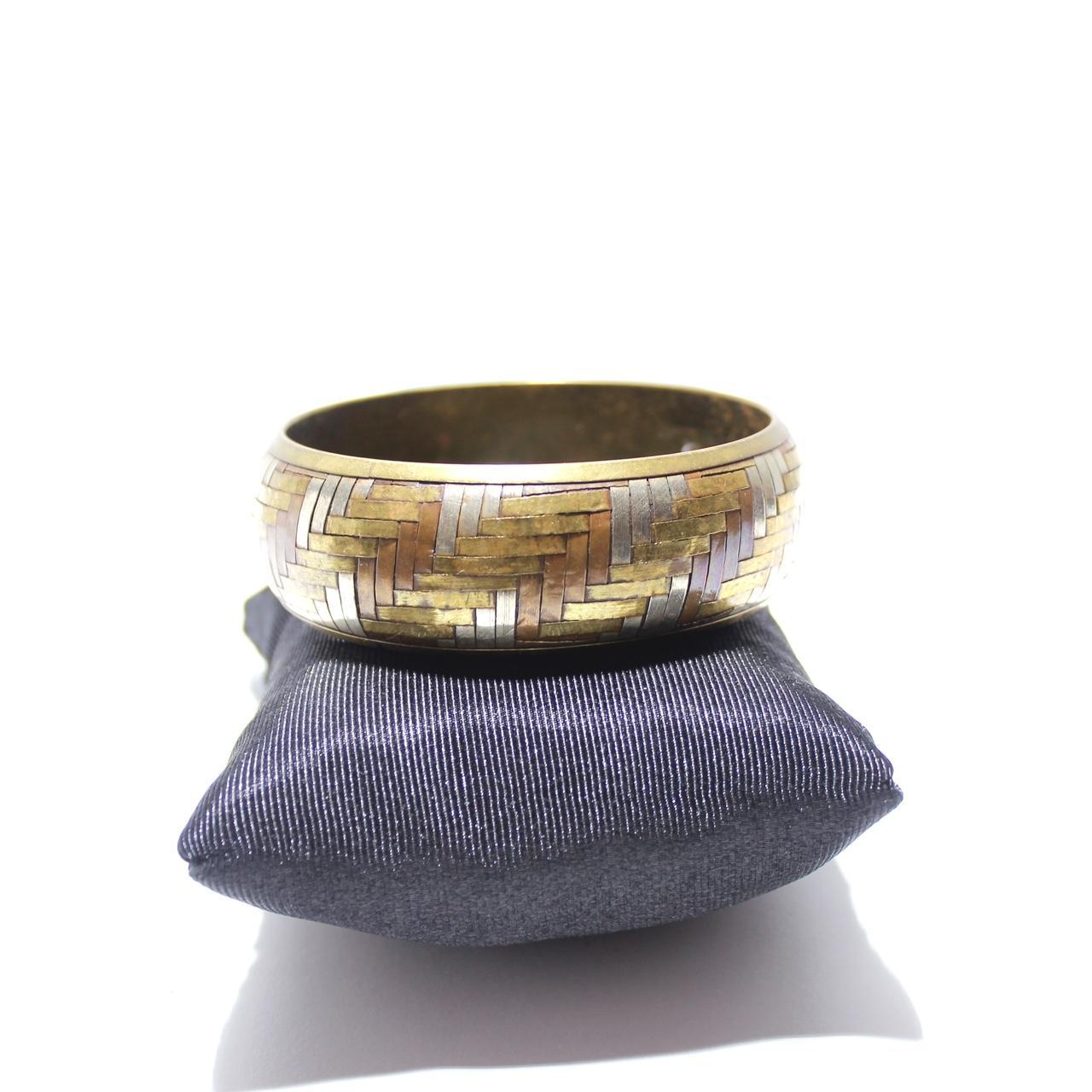 Vintage Tri Tone Woven Basketweave Bangle Bracelet Wide Gold
