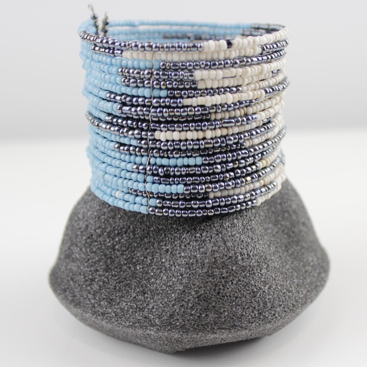 Wide Beaded Cuff Bracelet Blue White Silver Coil Memory Wire