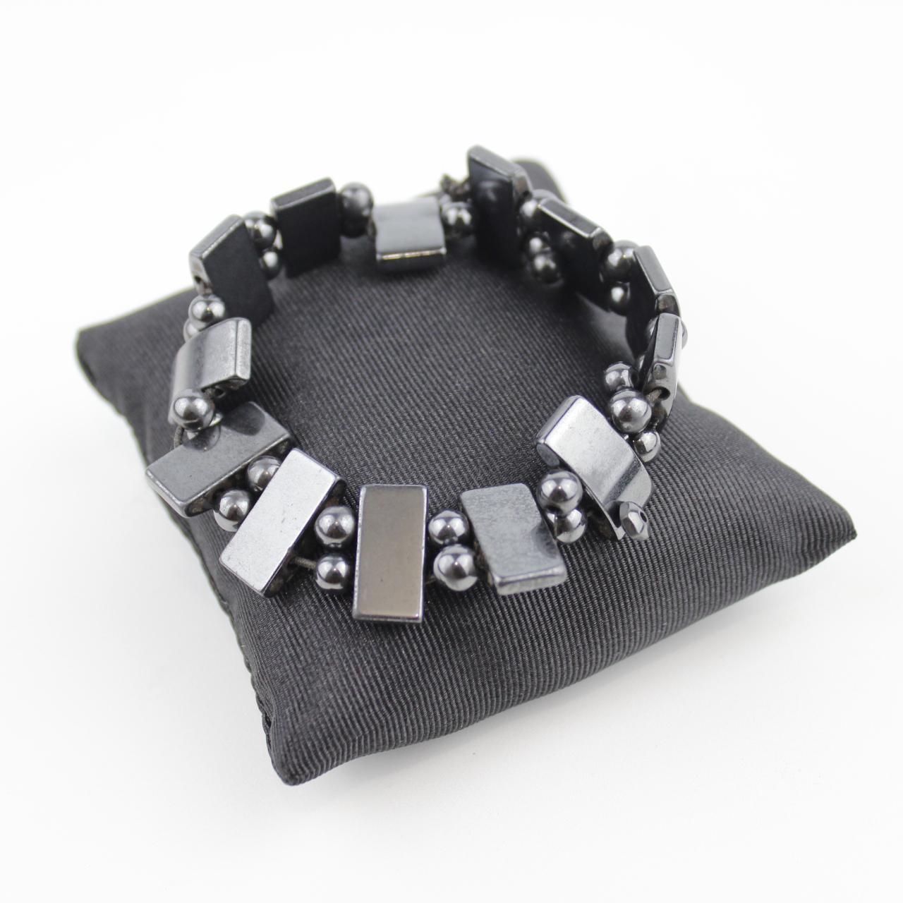 Black Hematite Stretch Bracelet Silver Bead Geometric Jewelr