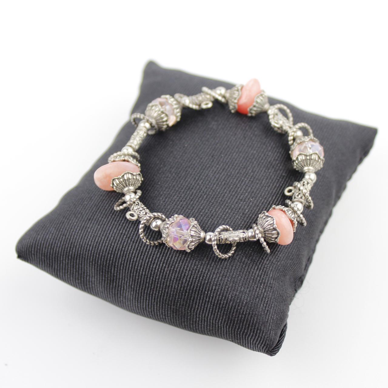 Vintage Silver Charm Bracelet with Pink and Clear Beads Eleg