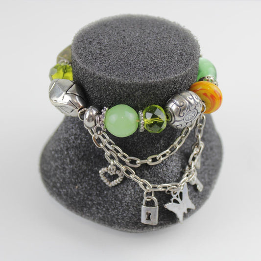 Vintage Boho Multi-Strand Charm Bracelet Green Yellow Beaded