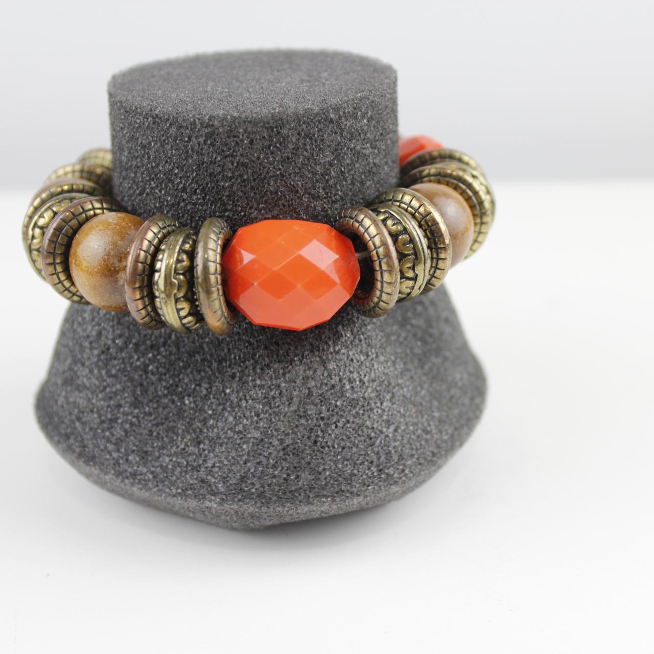 Boho Wood & Orange Bead Stretch Bracelet Chunky Statement Co