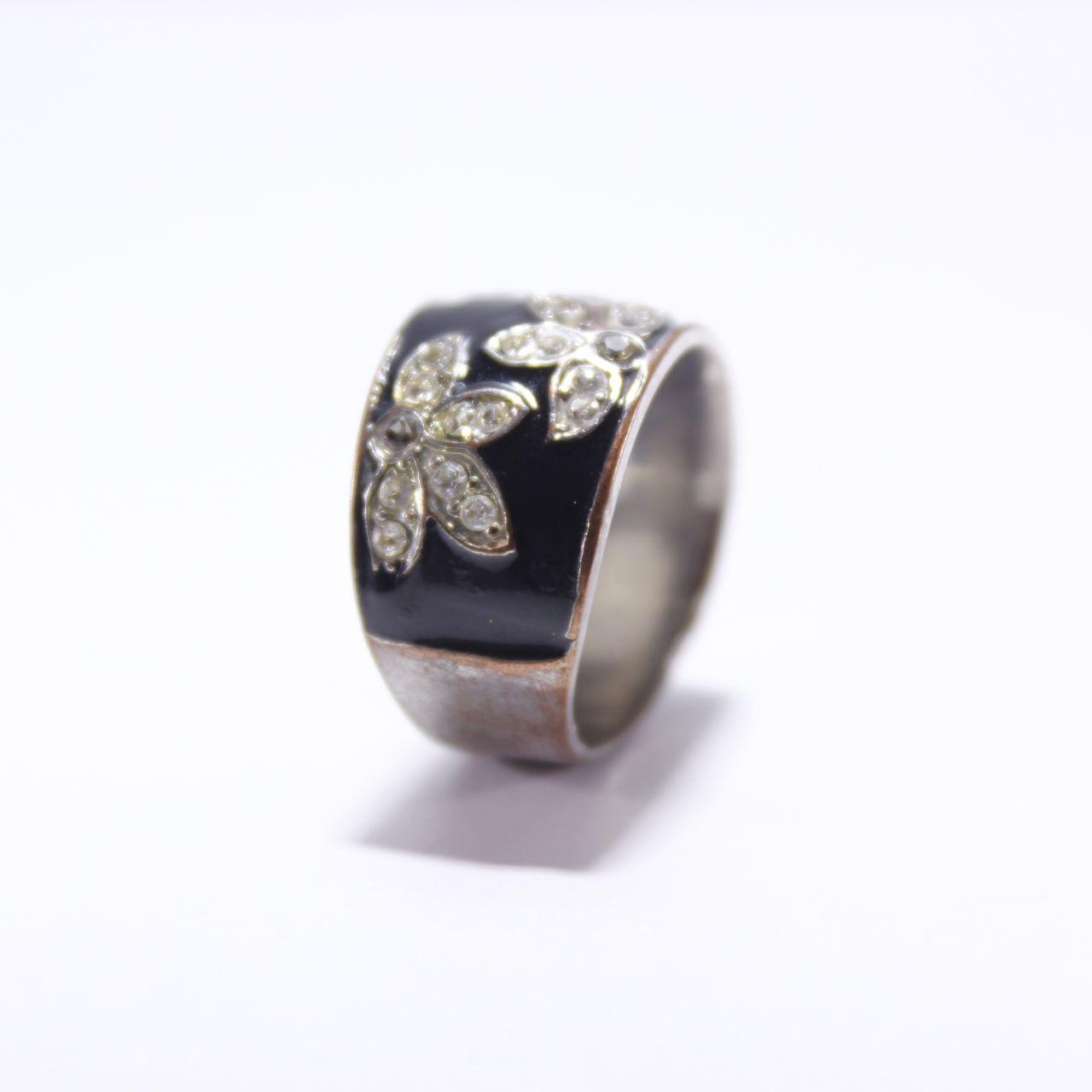 Wide Black Enamel Ring Silver Tone Rhinestone Floral Leaf