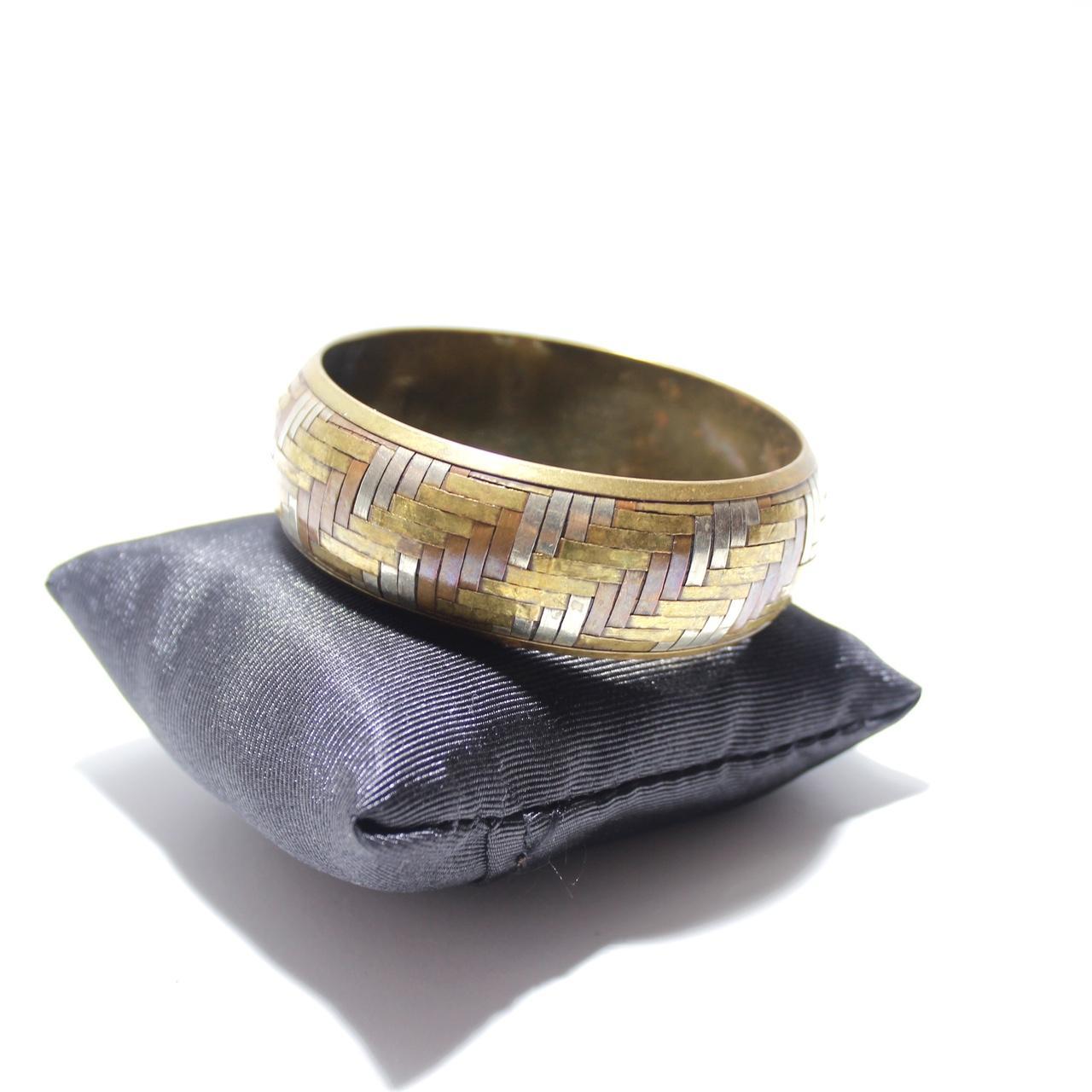 Vintage Tri Tone Woven Basketweave Bangle Bracelet Wide Gold