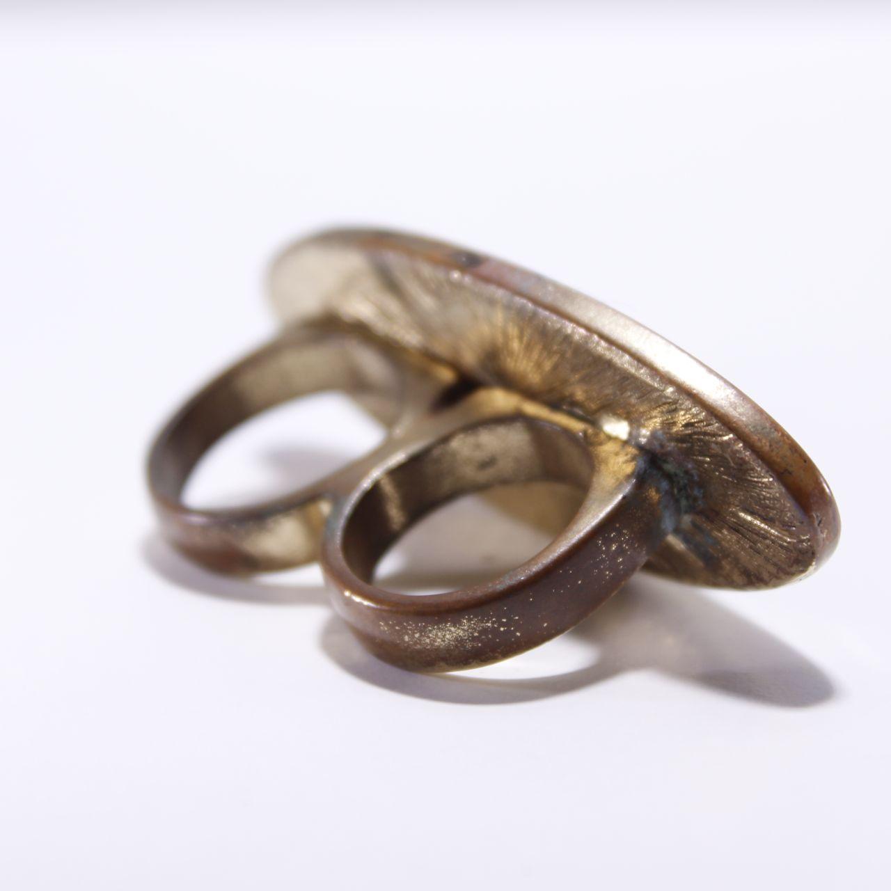 Two Finger Ring Oval Faceted Green Stone Gold Tone Statement