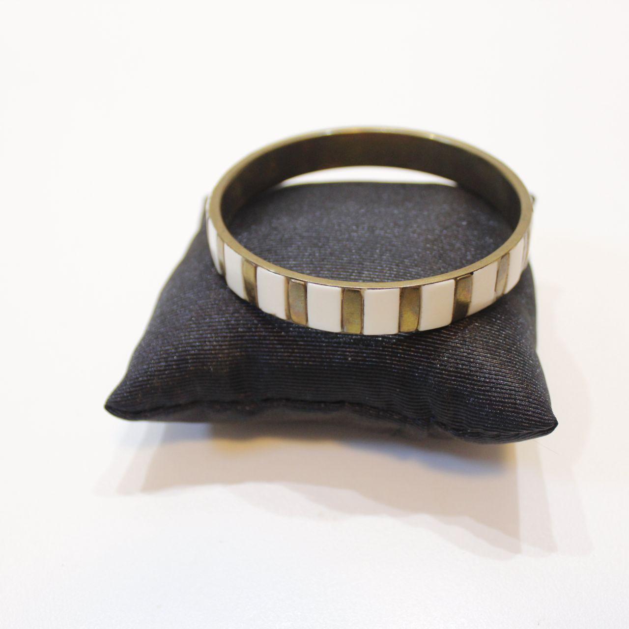 Striped Bangle Bracelet White Enamel Gold Tone Brass Look Fa