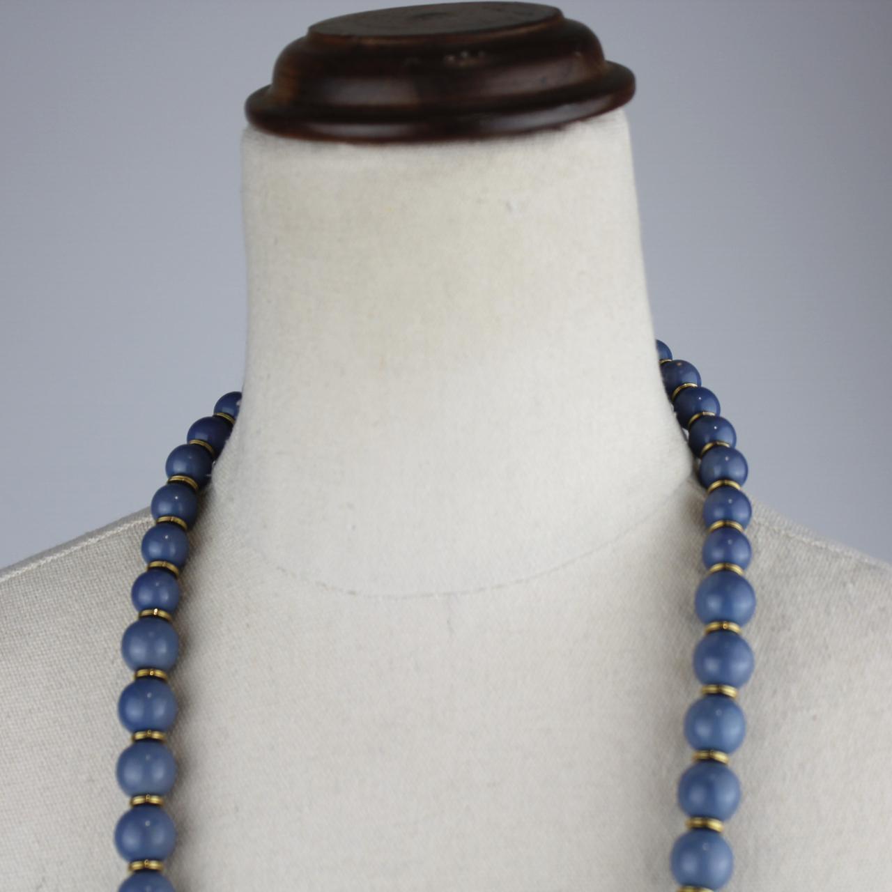 Long Blue Beaded Necklace Matte Blue Beads Gold Spacers Mini