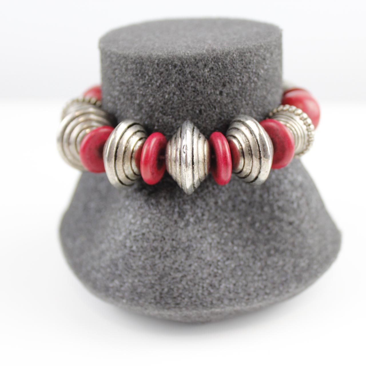 Red and Silver Tone Bead Stretch Bracelet Silver Tone Elepha