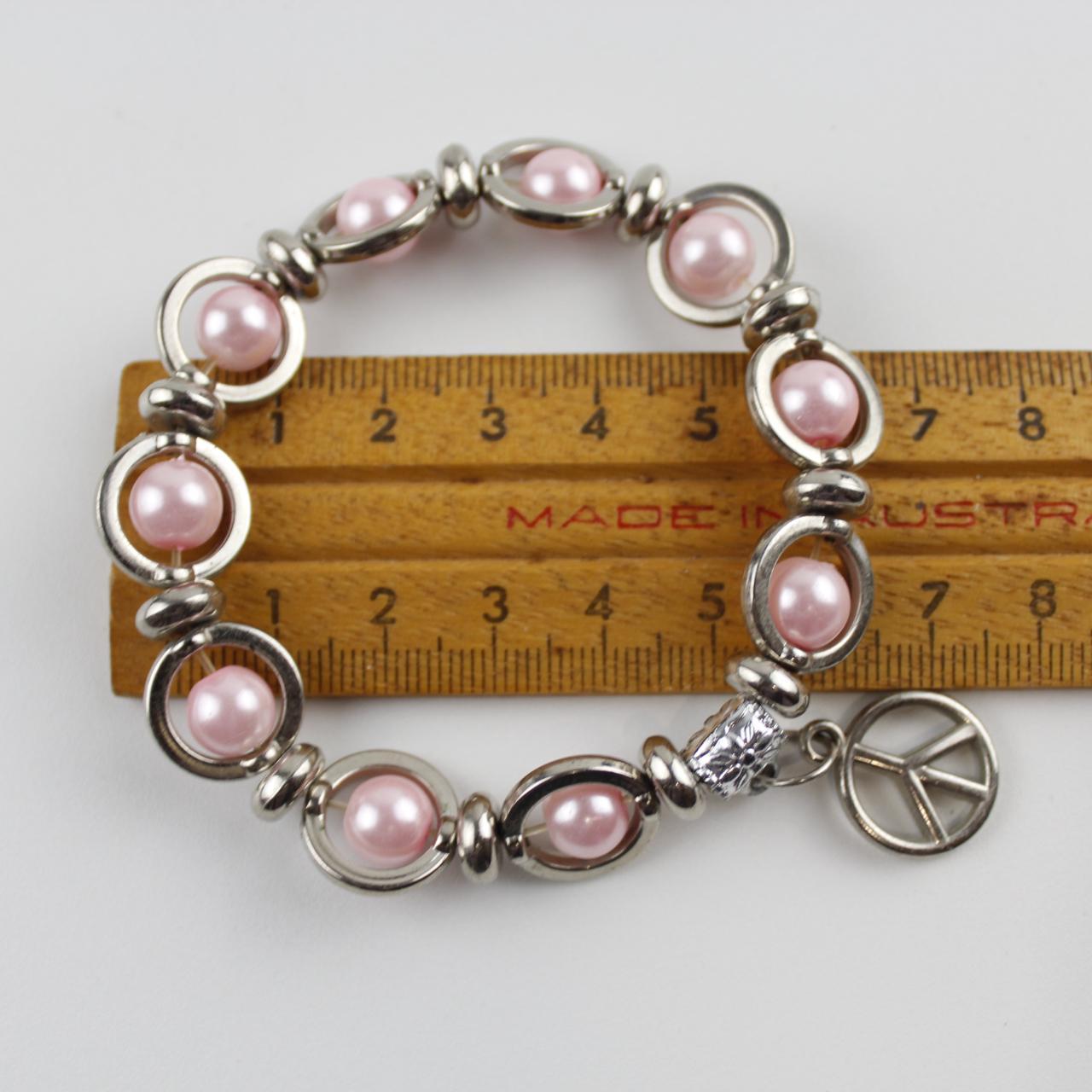 Pink Pearl & Silver Peace Sign Charm Bracelet Beaded Fashion