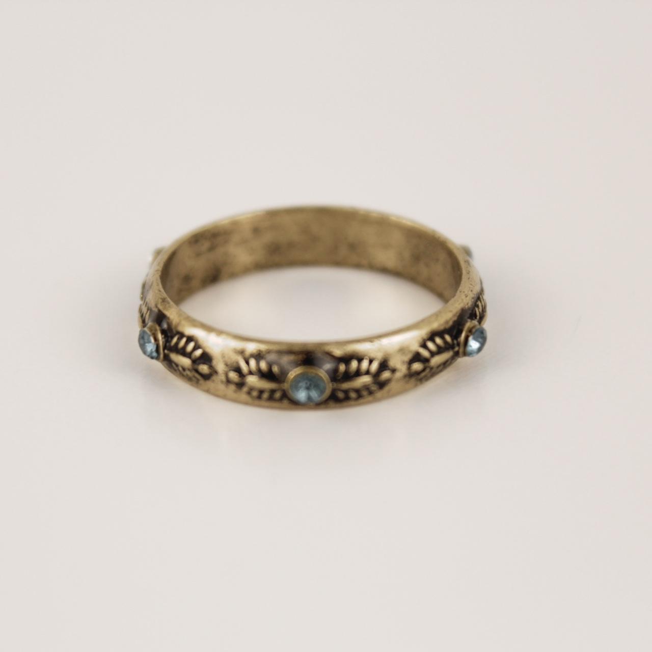 Gold Tone Etched Band Ring Blue Crystal Accents Boho Stackable Engraved Jeweller
