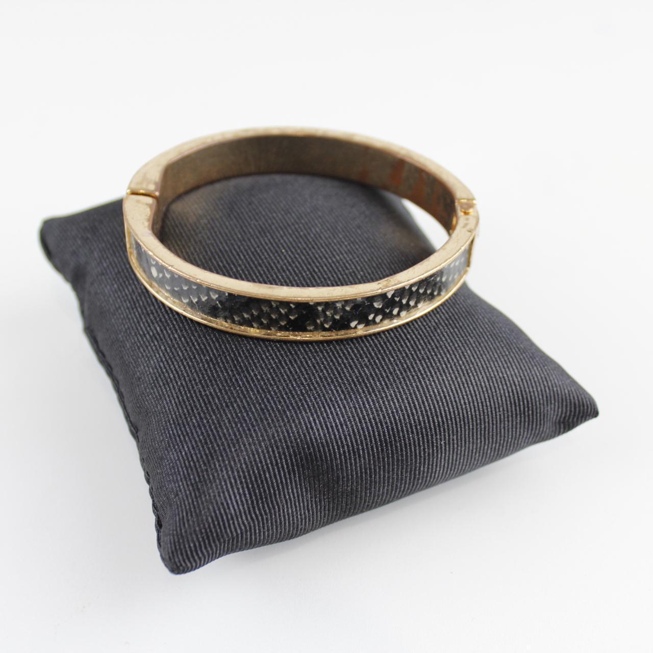 Gold-Tone Bangle Bracelet with Black Inlay - Textured Design