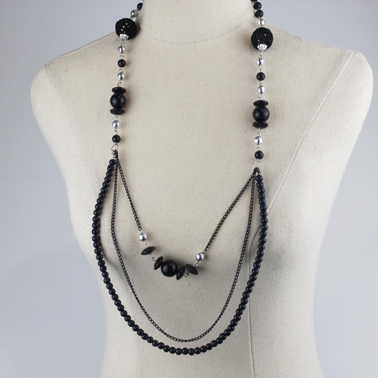 Multi Strand Statement Necklace Black Beads Silver Tone Spac