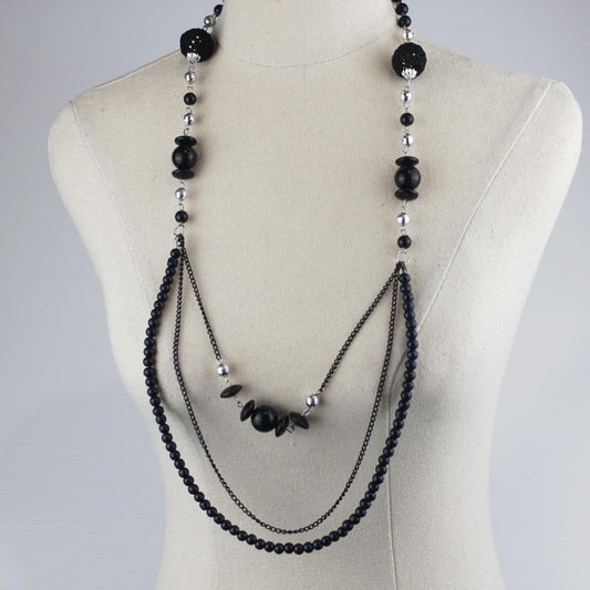 Multi Strand Statement Necklace Black Beads Silver Tone Spac