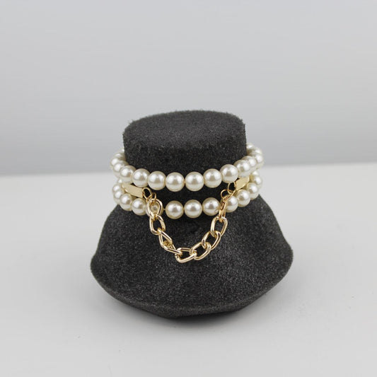 Set of 3 Bracelets White Pearl Gold Tone Bangle Stretch Jewe