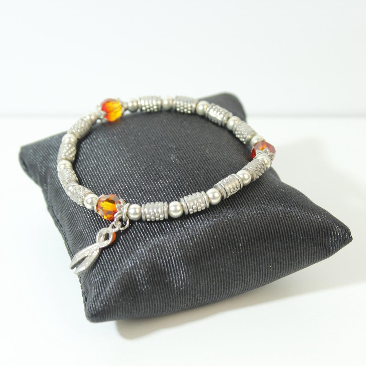 Orange Awareness Ribbon Bracelet Silver Tone Beaded Stretch