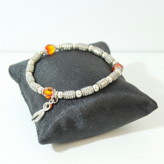 Orange Awareness Ribbon Bracelet Silver Tone Beaded Stretch