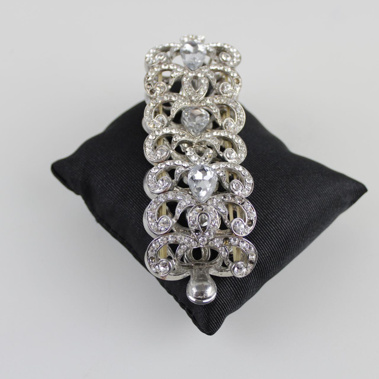 Rhinestone Filigree Style Bracelet - Silver-Tone - Vintage G