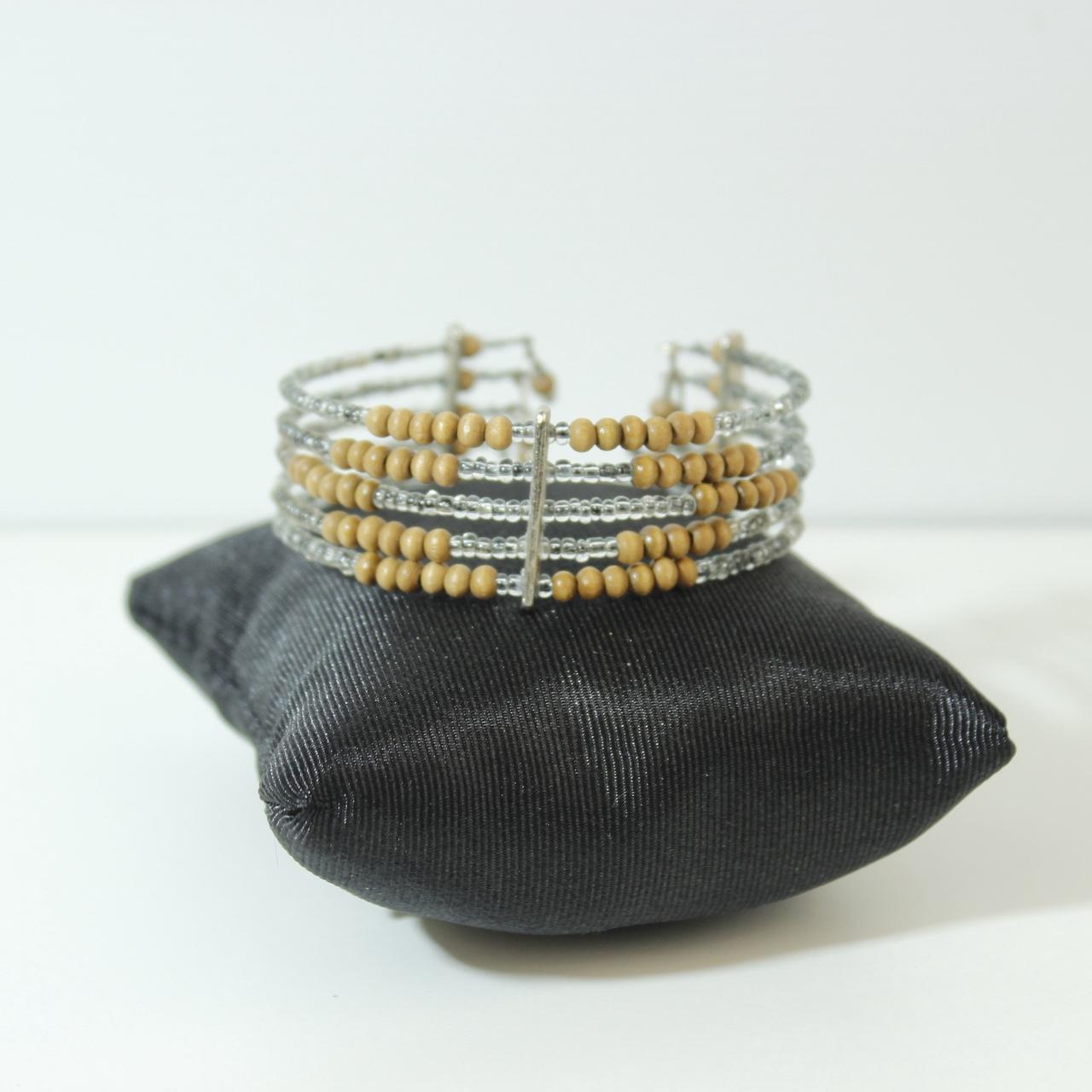 Multi Row Beaded Cuff Bracelet Silver Gold Tone Stacked Statement Coil Wrap