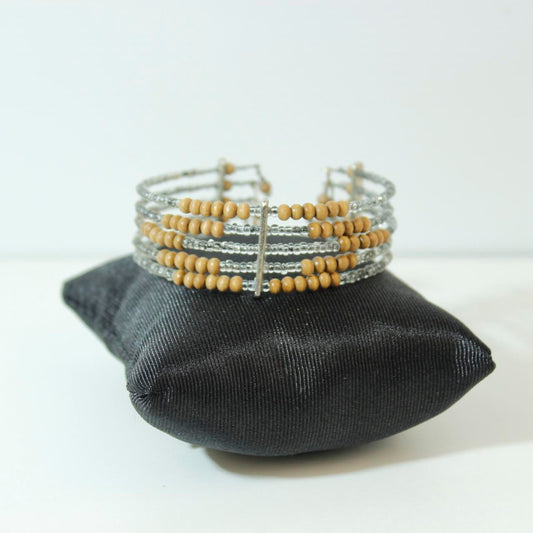 Multi Row Beaded Cuff Bracelet Silver Gold Tone Stacked Statement Coil Wrap