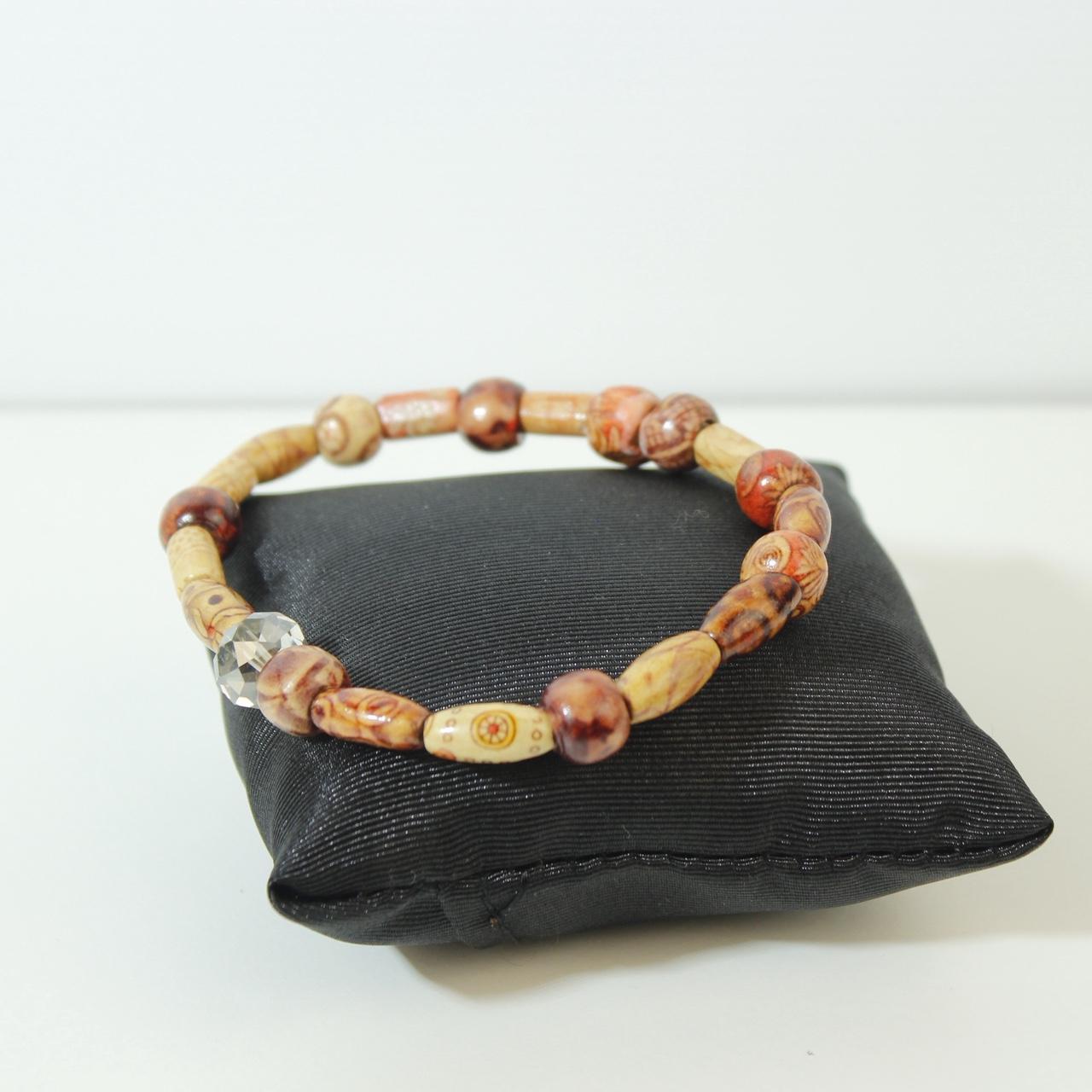 Vintage Leopard Skin Beaded Bracelet Wood Barrel Beads