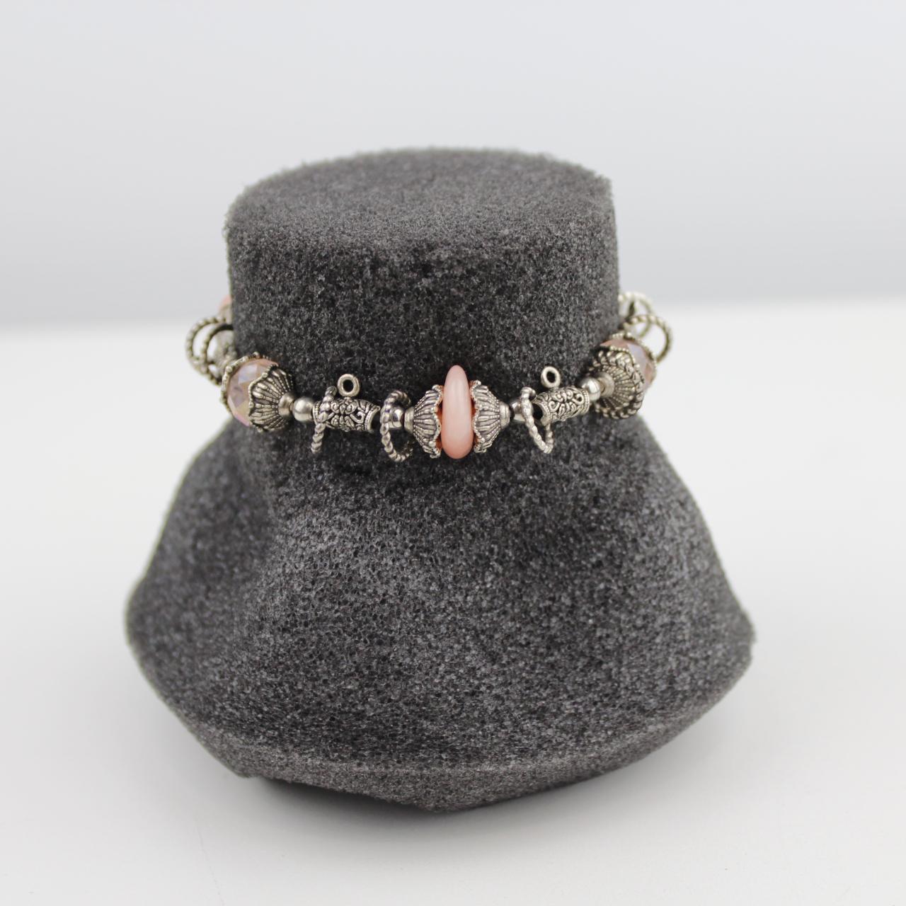 Vintage Silver Charm Bracelet with Pink and Clear Beads Eleg
