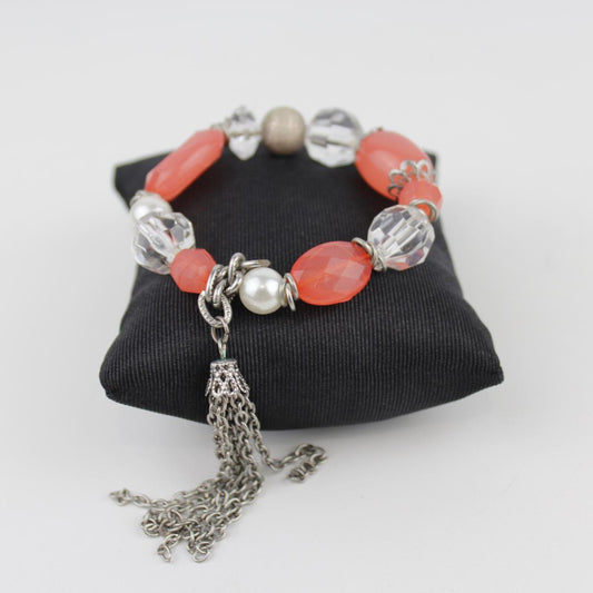 Handmade Coral Bead Bracelet Crystal Pearl Silver Tassel Cha