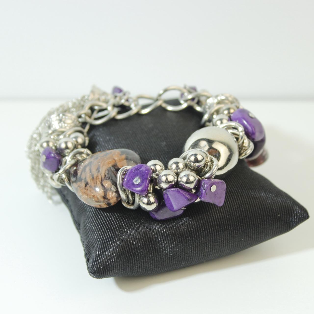 Chunky Silver Tone Charm Bracelet Purple Stone Chips Metallic Beads Large Chain