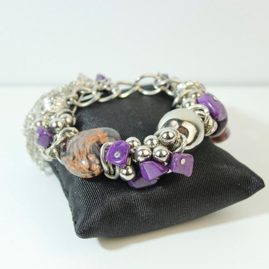 Chunky Silver Tone Charm Bracelet Purple Stone Chips Metallic Beads Large Chain