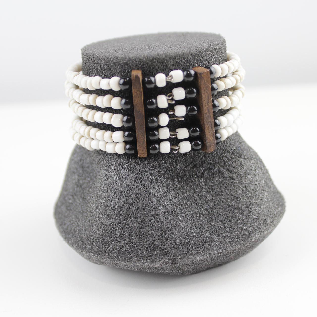 Boho Yellow Stone & White Bead Cuff Bracelet Tribal Statemen