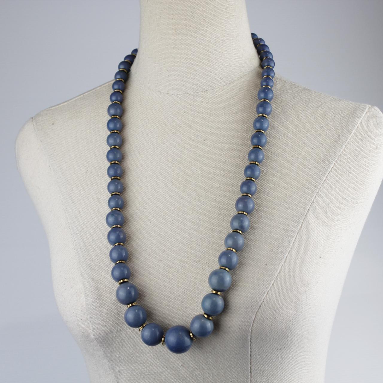 Long Blue Beaded Necklace Matte Blue Beads Gold Spacers Mini