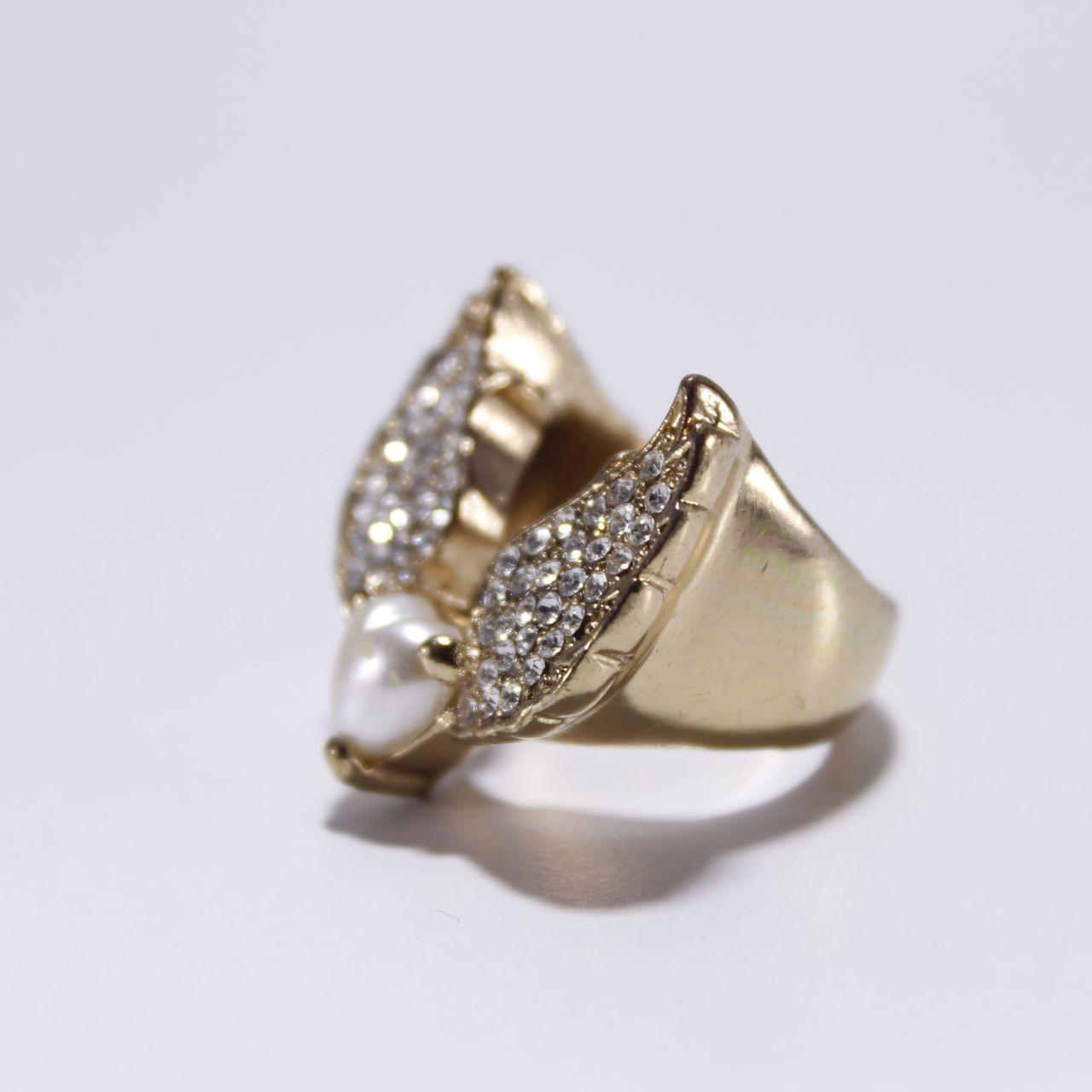 Gold Tone Angel Wing Ring Pave Rhinestone Faux Pearl