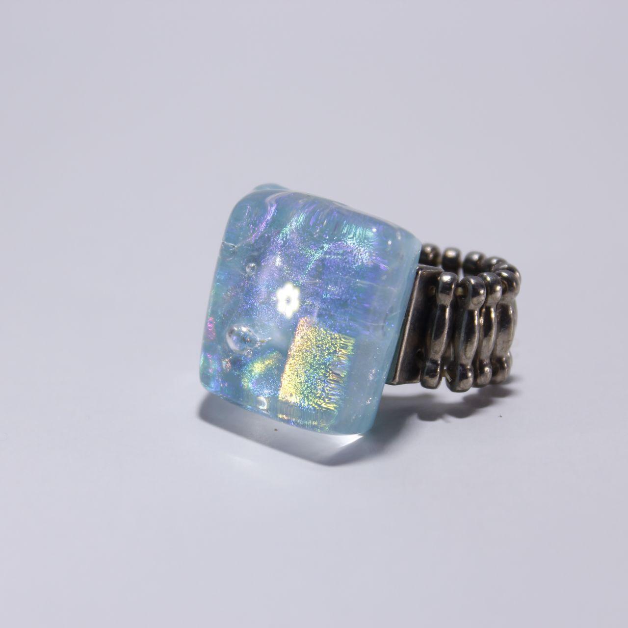 Chunky Square Opalite Stretch Ring Accordion Band Blue White